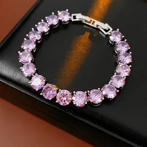 Elegant silver bracelet featuring round lavender zircons and secure fold-over clasp
