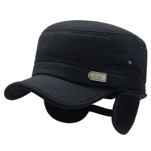 Men's wool flat cap with ear flaps for winter outdoor warmth in black color