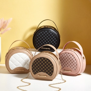 Petit Sac À Bandoulière Rond En Cuir PU Imprimé Vintage Main Circulaire Avec Chaîne En Métal Rétro À La Mode Pour Femmes