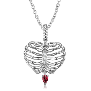 S925 Sterling silver heart skeleton necklace with white zircons and red heart pendant