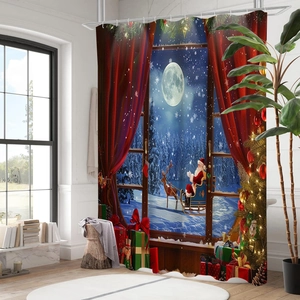 Detail of Christmas shower curtain featuring Santa on a sleigh with hooks and digital print