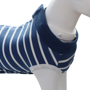 Close-up of blue and white striped dog recovery suit showing ribbed neckline detail