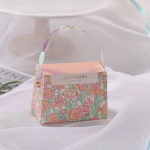 Floral wedding candy box with iridescent handle and Best Wishes text on white satin