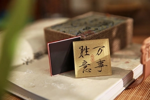 Macro shot of traditional Chinese acrylic fridge magnet with black calligraphy and red seal
