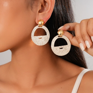 Geometric Round Hollow Rhinestone Earrings With Silver Earring Post Copper Elegant Fashion Accessory For Women