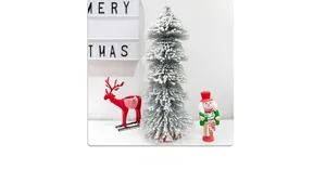 Detail of 25cm flocked tower Christmas tree with wooden base and holiday ornaments