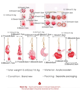 Detailed size chart of pink acrylic Valentine heart and teddy bear earring set