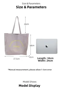 Detailed size specifications of the lavender canvas tote bag compared to a laptop