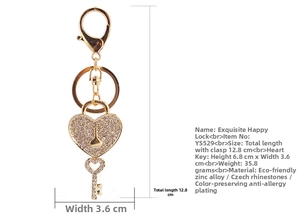 Detailed view of rhinestone heart lock keychain with 12.8cm length dimensions