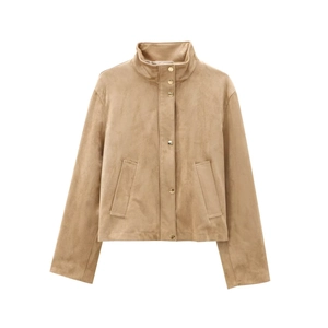 Women's camel faux suede jacket with stand collar and metallic snap buttons