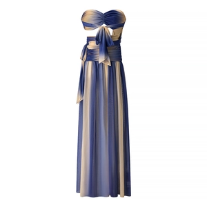 Gradiant blue and beige strapless maxi dress with large waist bow and pleated skirt