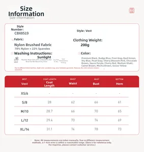 Detailed size chart for tight brushed yoga vest featuring nylon and spandex fabric specs