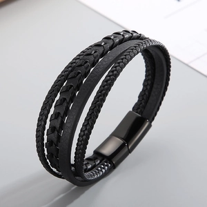 Men Multi-Layer Braided Leather Bracelet With Stainless Steel Magnetic Clasp Fashion Punk Rock Wristband Black