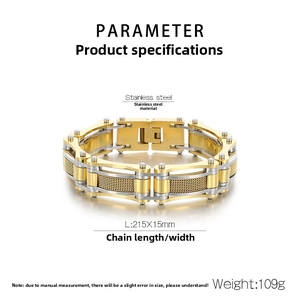 Detail of two-tone stainless steel heavy biker bracelet showing 215mm length dimensions