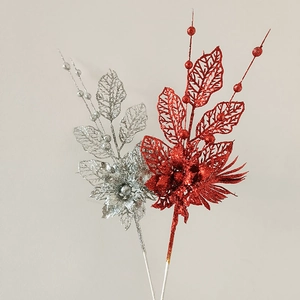 Detail of red and silver glitter hollow leaves for Christmas tree decoration and floral crafts
