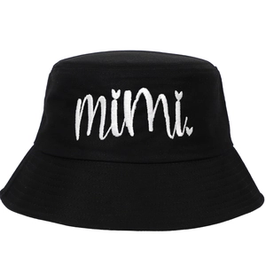 Classic black bucket hat featuring white mimi embroidery on a clean white background