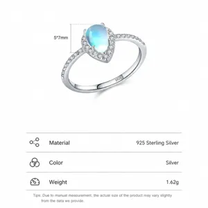 Anello in argento sterling 925 con pietra di luna a goccia 5x7mm e diamanti