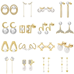 Collection of S925 sterling silver pearl earrings in geometric and fringe styles