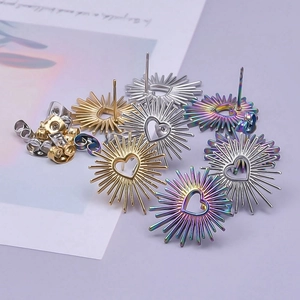 304 stainless steel heart sunburst stud earrings in gold silver and rainbow finishes