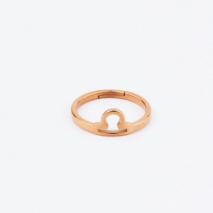 Macro detail of rose gold Libra zodiac sign on a polished stainless steel open ring