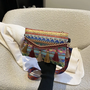 Detail of colorful geometric woven bag with fringe trim and patterned wide shoulder strap