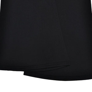 Close-up of black body suit showing thick elastic fabric texture and double-stitched hem