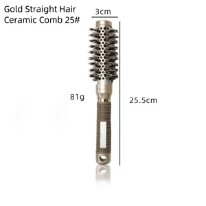 Detail view of 3cm golden ceramic barrel hairbrush with nylon bristles and size labels