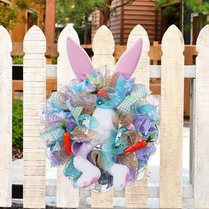 Colorful Easter bunny mesh wreath with cute plush rabbit ears and legs for door decor