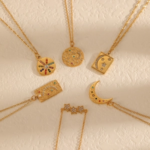 Celestial Star Moon Pendant Necklace 304 Stainless Steel Colorful CZ Rhinestone Gold Plated Clavicle Chain Jewelry For Women