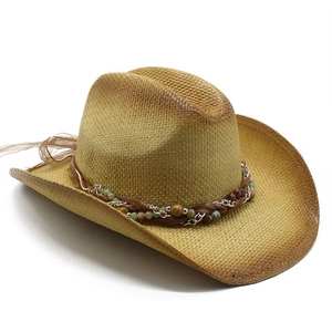 Brown gradient straw cowboy hat with beaded band and metal chains shown at 45-degree angle