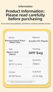 Detailed specifications of the banana water gun toy with material and size information