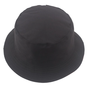 Classic black cotton bucket hat with top-down view on white background for men and women