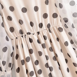 Détail de la taille élastique et du tissu à pois semi-transparent sur une robe de style français