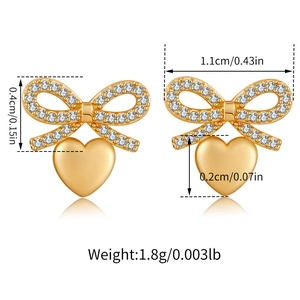 Detailed size specifications for bow and heart stud earrings with 18K gold finish