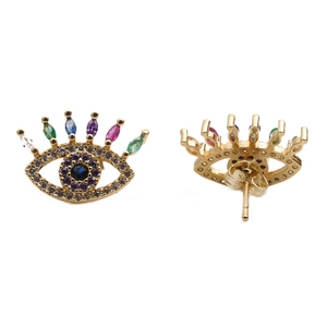 Golden Evil Eye stud earrings with colorful zircon stones shown from front and back view