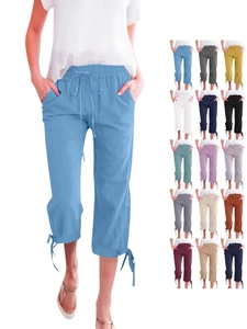 Women Cotton Linen Wide Leg Capri Pants Loose Elastic Drawstring Waist Cropped Trousers With Pockets Casual Solid Color