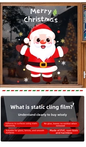 Detail of static PVC Christmas stickers featuring Santa Claus and snowflakes on glass