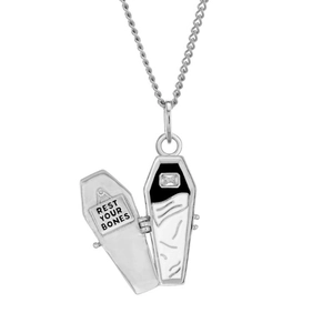 Detail of silver coffin locket necklace with REST YOUR BONES engraving and small gemstone