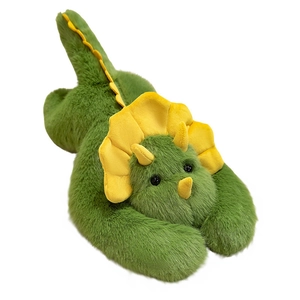Cute green triceratops plush toy in a lying position with yellow horns and soft fur