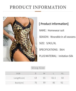 Size chart showing length and bust for leopard print imitation silk chemise homewear
