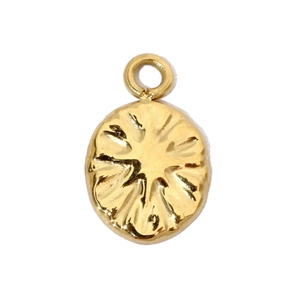 Detailed view of a gold plated oval shell pendant with radial texture and connector ring