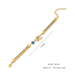 Detailed view of gold stainless steel snake chain bracelet with evil eye charms and dimensions