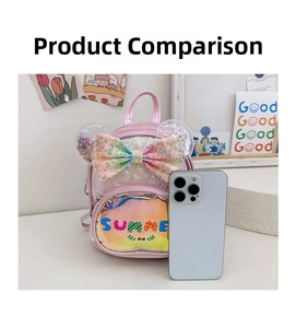 Detailed size comparison of pink girls' bow backpack with a smartphone reference