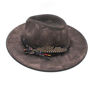 Ethnic style brown wool felt fedora hat with vintage floral ribbon and striped feather