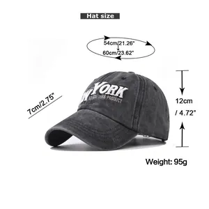 Detailed size chart showing dimensions for a vintage washed cotton New York baseball cap