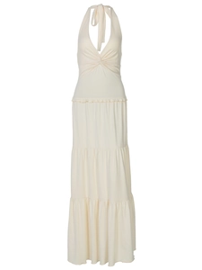 Chic cream halter maxi dress with V-neckline twist detail and layered ruffle hemline