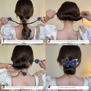 Guide d'utilisation d'un bigoudi floral avec fleurs en tissu bleu et paillettes argentées