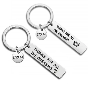 Polished stainless steel keychain set with engraved heart and humorous gratitude message