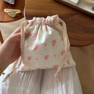Floral cotton drawstring pouch storage bag for makeup and small accessories