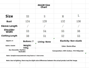 Size guide for denim cape jacket showing XS to L measurements and cotton fabric details